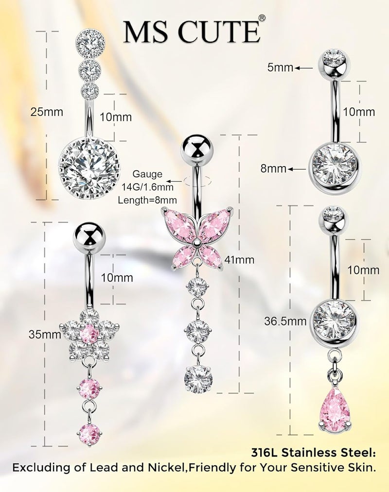 MS CUTE 5PCS Belly Button Rings for Women 14G Dangle Navel Piercing Jewelry Set Surgical Stainless Steel Body Jewelry with CZ Butterfly Flower Teardrop Barbell for Beach Festival Daily - Image 4